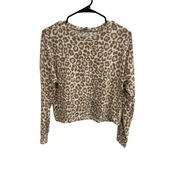 Gaze Leopard Print Crewneck Long Sleeve Crop Top Tan White Sz Small Animal Print - Picture 1 of 9